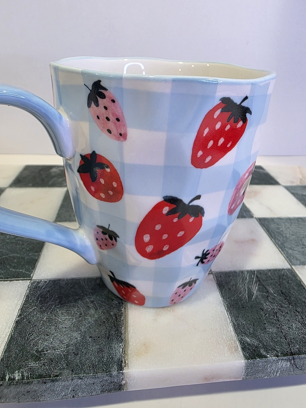 🍓New! New! Grace Teaware Fine Porcelain Mug - Blue Gingham & Strawberries.